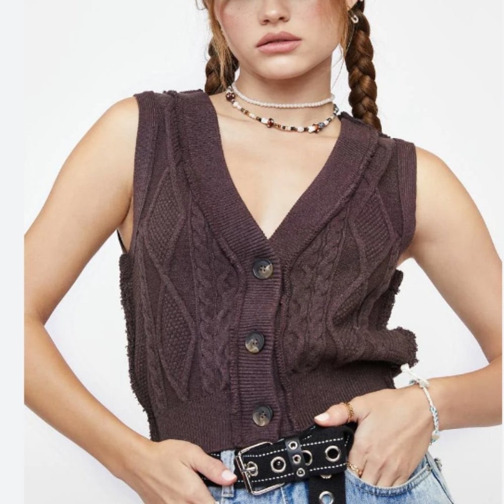 Free People Denson Cropped Brown Cable Knit Sweater Vest V-Neck Button Front M‎